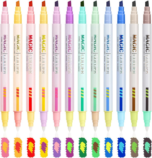 miikoul 24 Colors Dual Tip Highlighters Glitter Color Changing Highlighter Markers for Kids, Chisel and Bullet Tips Quick Dry Highlighter Pens for Bible Study, Adult Coloring, Easter Painting