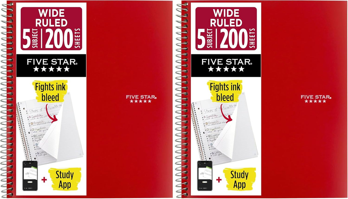 Five Star Spiral Notebook + Study App, 5 Subject, Wide Ruled Paper, 8" x 10-1/2", 200 Sheets, Fights Ink Bleed, Water Resistant Cover, Tidewater Blue (73196)