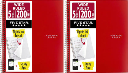 Five Star Spiral Notebook + Study App, 5 Subject, Wide Ruled Paper, 8" x 10-1/2", 200 Sheets, Fights Ink Bleed, Water Resistant Cover, Tidewater Blue (73196)