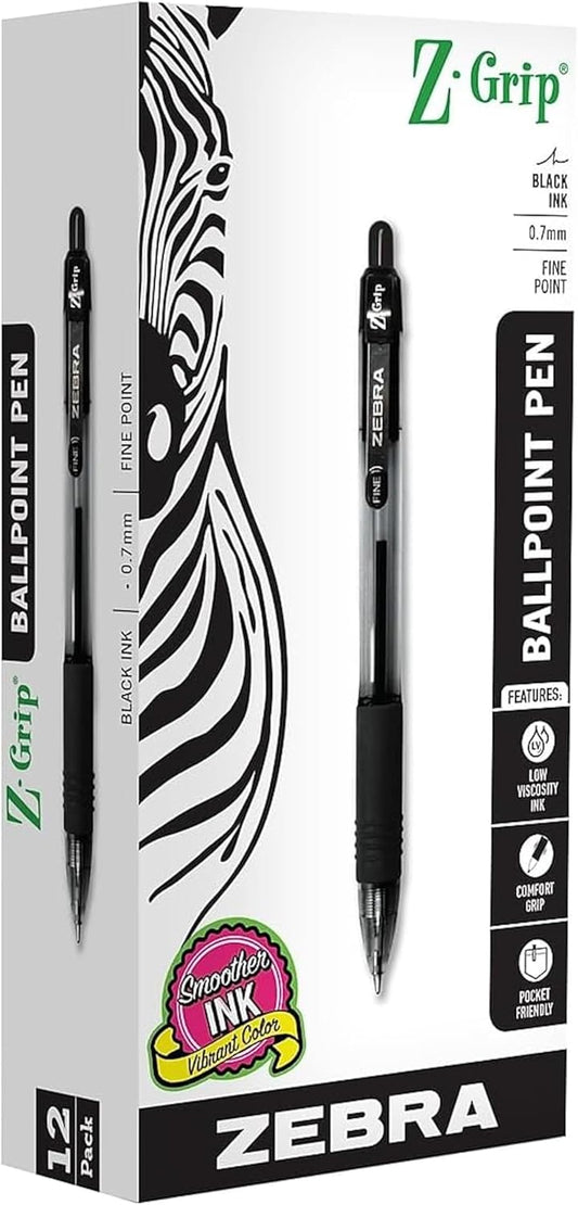 Zebra Pen Z-Grip Retractable Ballpoint Pen, Smooth-Flowing Ink, Fine Point, 0.7mm, School & Office Supplies, Ideal for Note-Taking, Journal and Planner Use, Blue Ink, 12-Pack (23920)