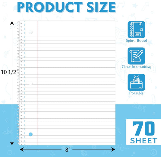 Yeplan Spiral Notebooks 4 Pack, College Ruled Notebook Paper, 1 Subject Notebook for School & Work, 8" x 10-1/2", 70 Sheets per Notebook, 4 Assorted Colors