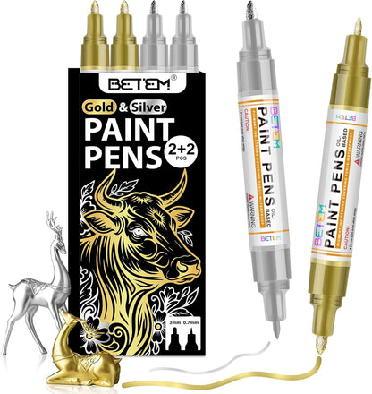 Betem 4 Count Dual Tip Oil Based Black White Paint Pen(0.7mm & 3mm), White Permanent Marker Black Paint Markers, Waterproof, Quick Dry, for Fabric, Rock Painting, Wood, Plastic, Ceramic, Metal, Canvas