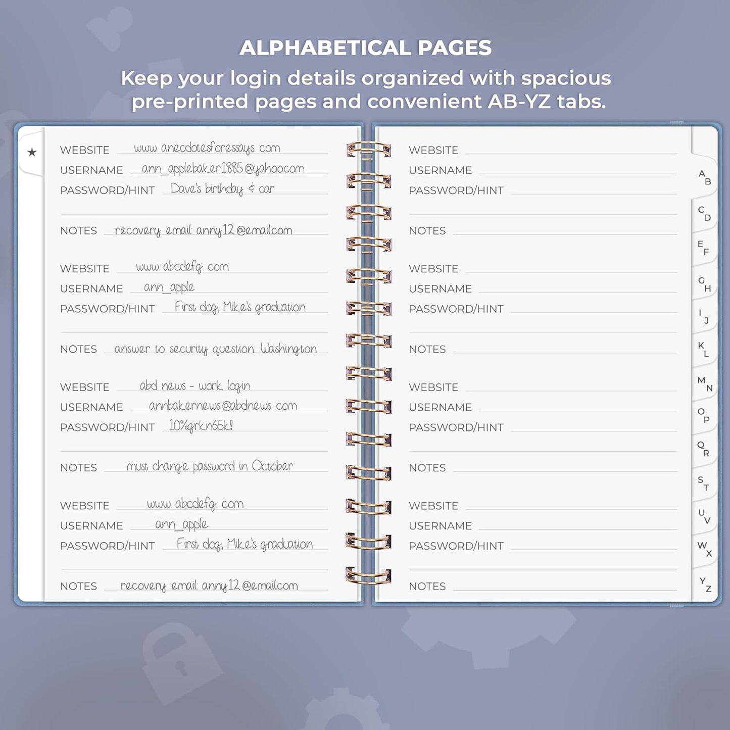Clever Fox Password Book Spiral – Internet Address & Password Organizer with Laminated Alphabetical Tabs – Password Keeper Journal – Hardcover, Medium Size, 6.1x7.7” (Mystic Blue)
