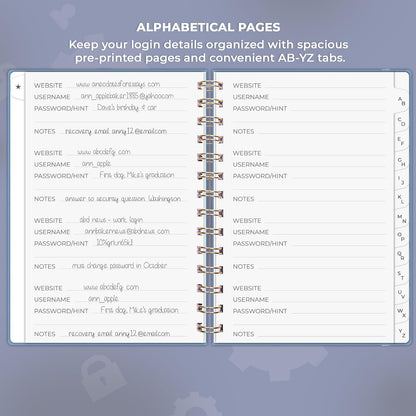 Clever Fox Password Book Spiral – Internet Address & Password Organizer with Laminated Alphabetical Tabs – Password Keeper Journal – Hardcover, Medium Size, 6.1x7.7” (Mystic Blue)