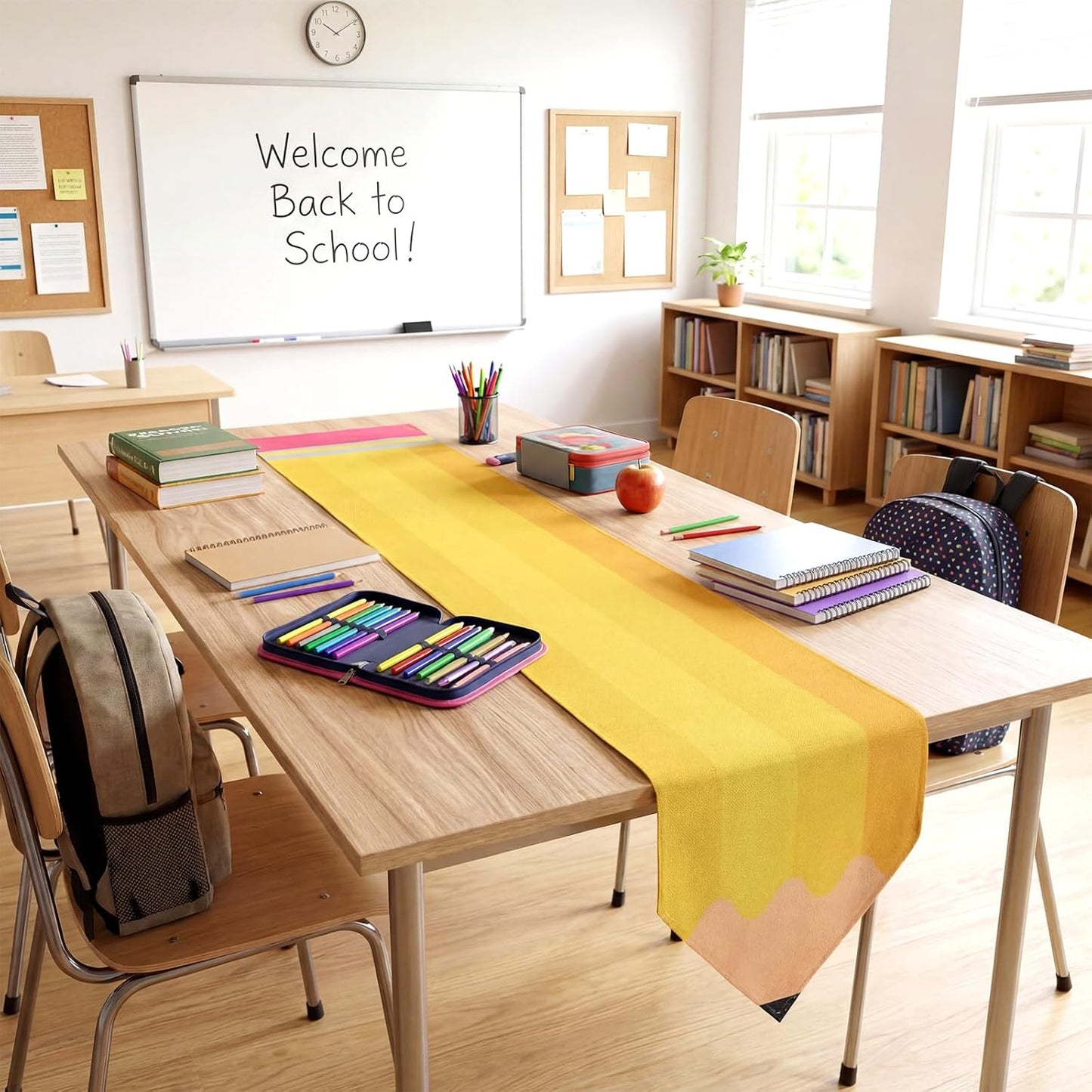 Breling 4 Pcs Preschool Graduation Decorations Table Runner Kindergarten Graduation Tablecloth Composition Pencil Crayon Ruler Notebook Table Runner for School Dining Room Classroom Party Decoration