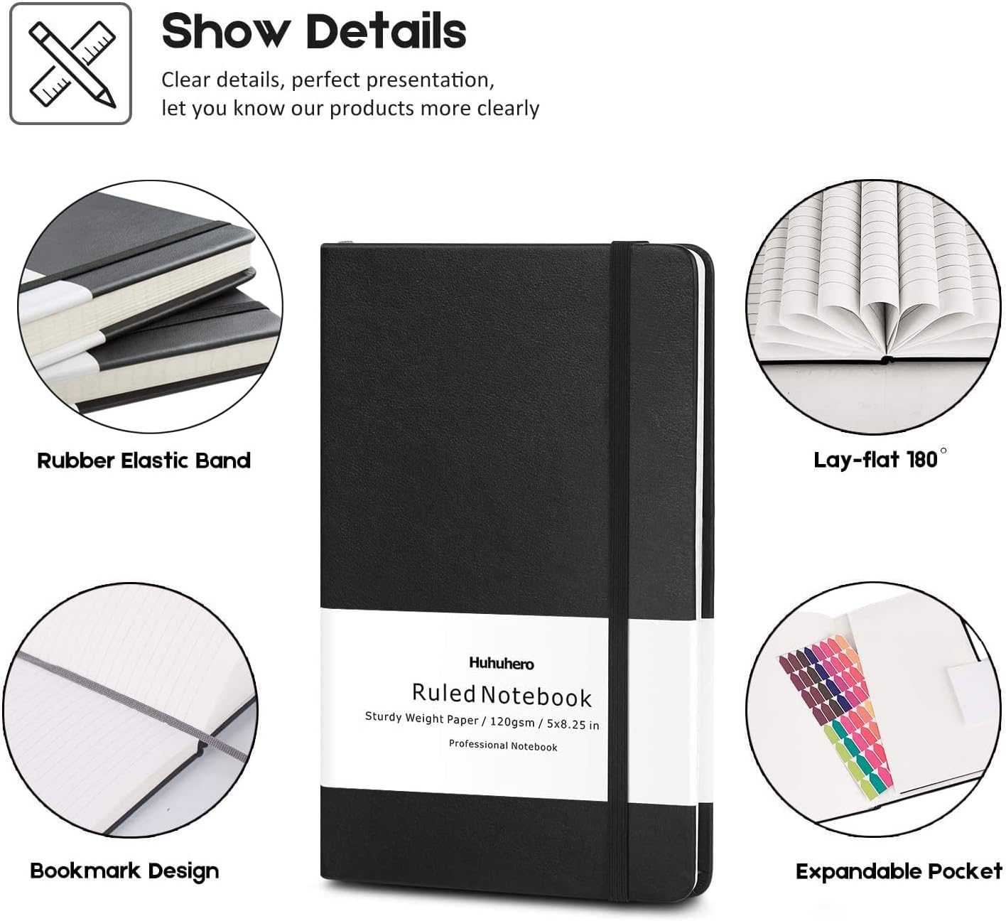 Huhuhero 5 Pack Lined Journal Notebooks, Hardcover Notebook for Work School Office, 5"×8.25", 120Gsm Thick Ruled Writing Journals for Note Taking Business, Black