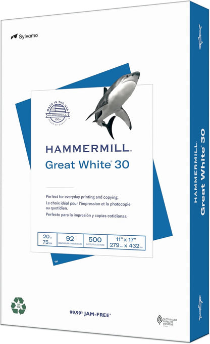 Hammermill Printer Paper, Great White 30% Recycled Paper, 8.5 x 11 - 3 Ream (1,500 Sheets) - 92 Bright, Made in the USA