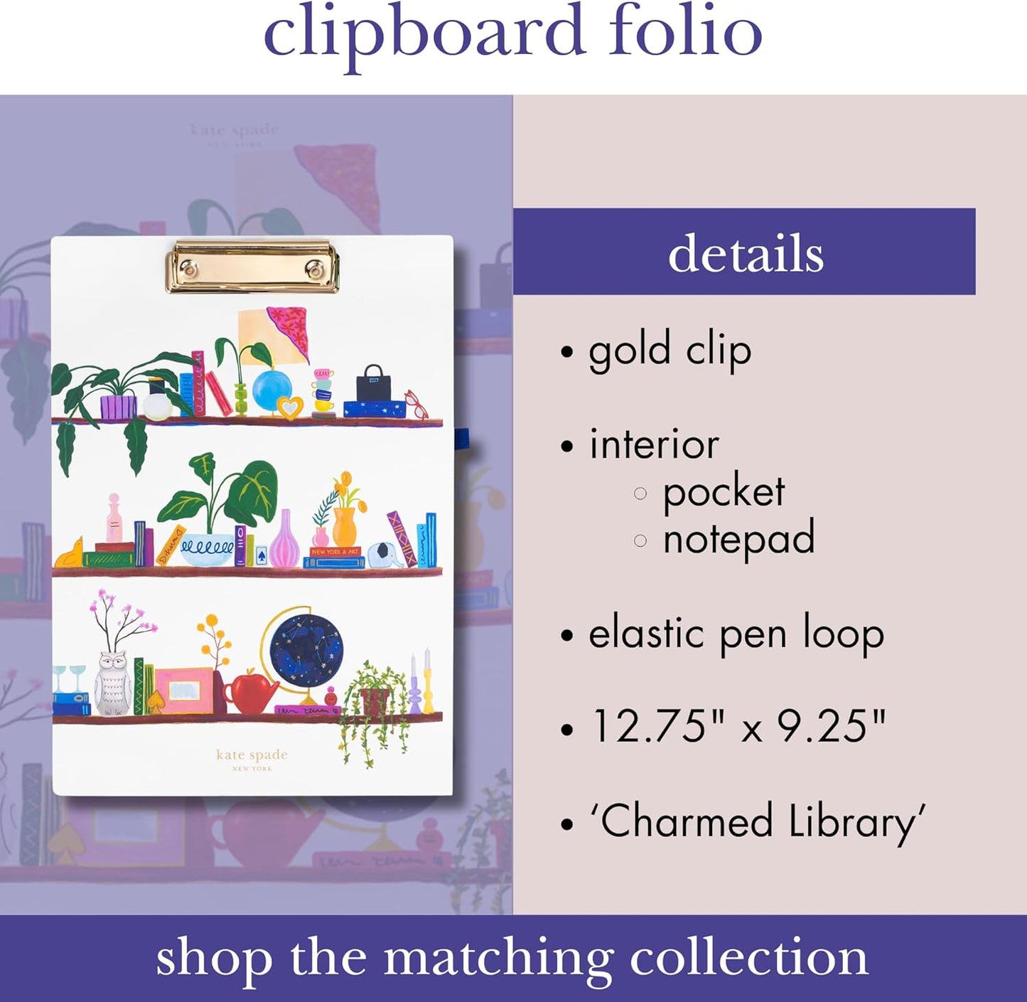 Kate Spade New York Clipboard Folio with Low Profile Clip, Black Professional Padfolio Includes Lined Notepad, Pen Loop, and Pocket, Polka Dots