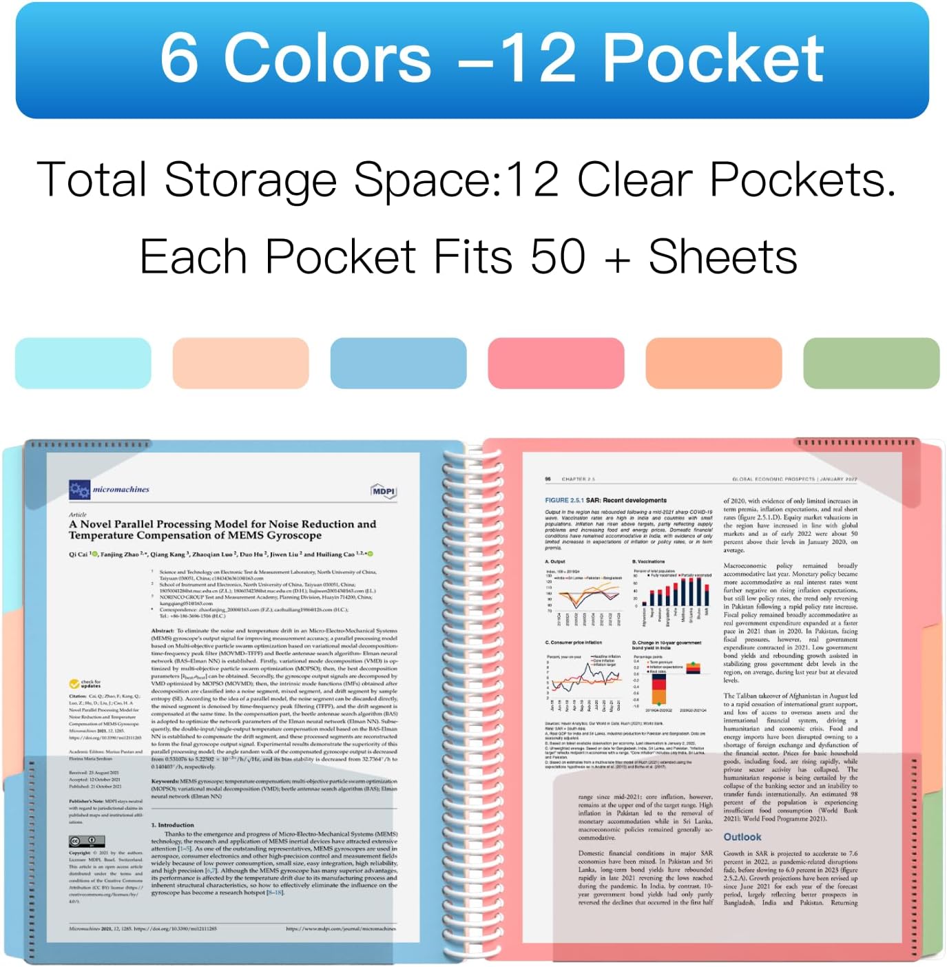 HABGP 12 Pocket Plastic folders with Pockets, 6 Colors Multi Pocket Folder Binder with Dividers, Office Organizer Folder Letter Size School Supplies