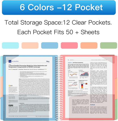 HABGP 12 Pocket Plastic folders with Pockets, 6 Colors Multi Pocket Folder Binder with Dividers, Office Organizer Folder Letter Size School Supplies