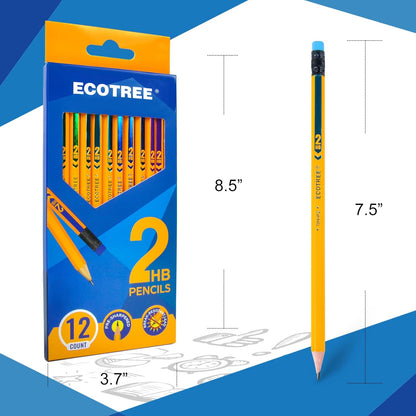 ECOTREE Pre-Sharpened Pencils #2 HB, Wood-Cased Number 2 Pencils with Erasers for Writing, Drawing, Sketching, Yellow Pencil Bulk for School Teacher Supplies, 48 Count