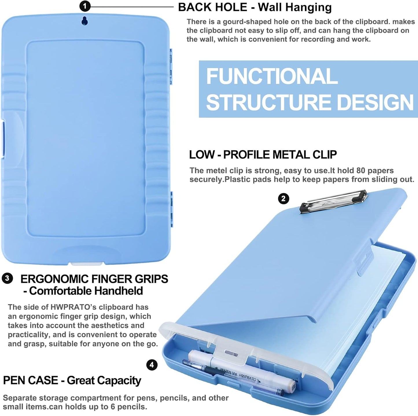 HWPRATO Clipboards Organizer Clipboard with Storage Nursing Clipboard Foldable File Folder Plastic Folio with Storage Case for Teacher,Kids,Doctor,Offices (Retro Blue)