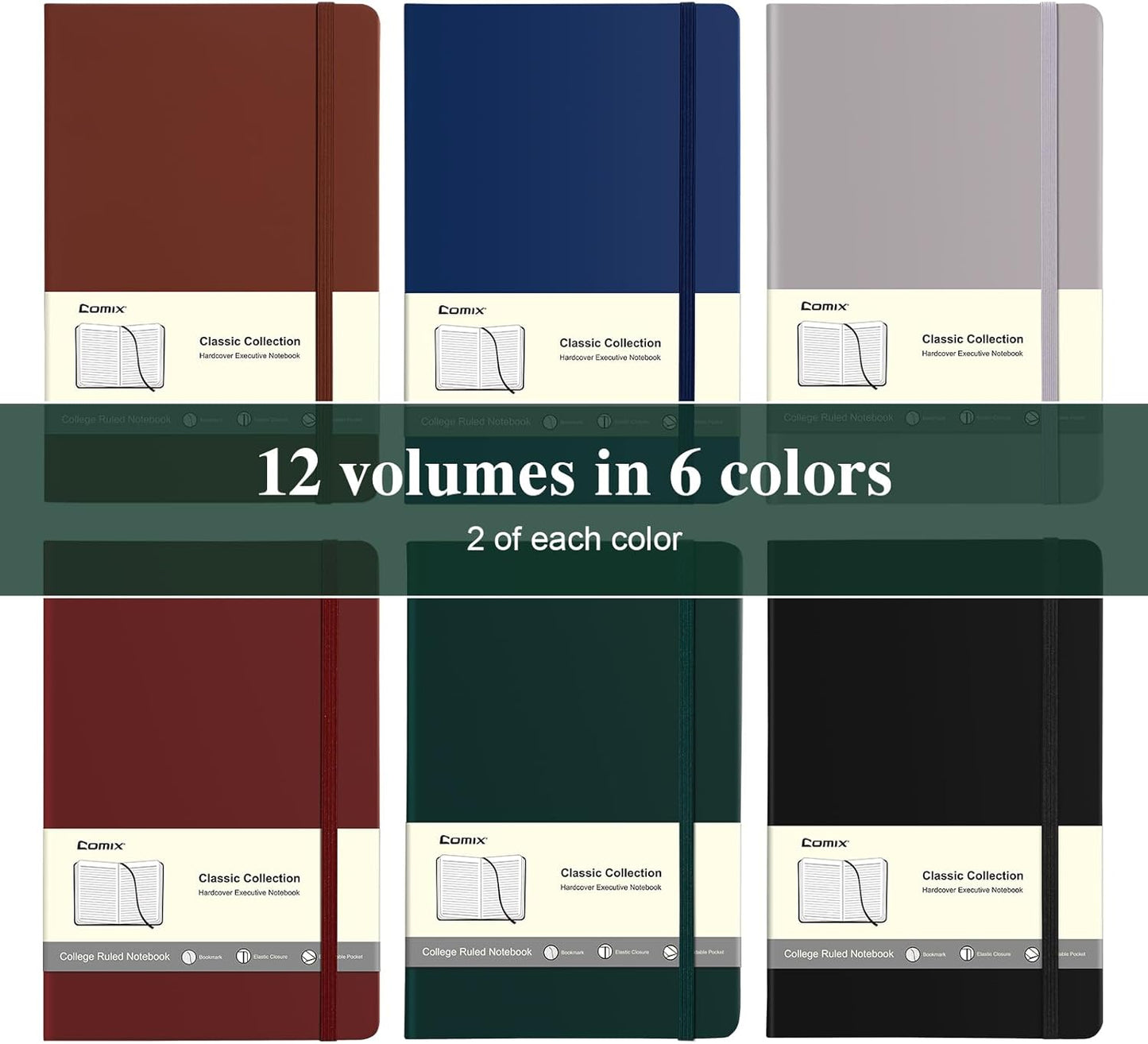COMIX 12 Pack Lined Journal Notebooks, 240 Pages, Medium 5.5" x 8.3", Hardcover, Journaling Notebook for Work, Business Notebooks for School & Office, Journals for Women, Men