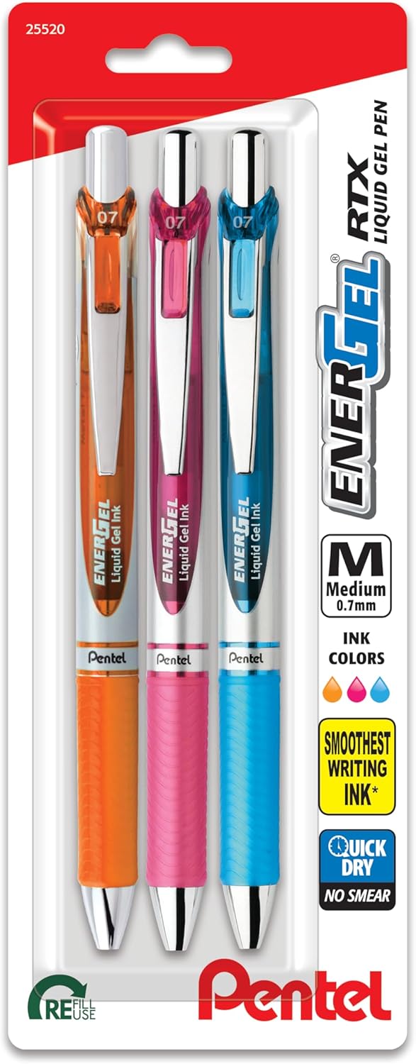 Pentel Pink BCA RTX Retractable Liquid Gel Pen, (0.7mm), Medium Line, Metal Tip, Violet Ink, Pack of 3 (BL77BP3V)