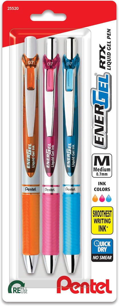 Pentel Pink BCA RTX Retractable Liquid Gel Pen, (0.7mm), Medium Line, Metal Tip, Violet Ink, Pack of 3 (BL77BP3V)