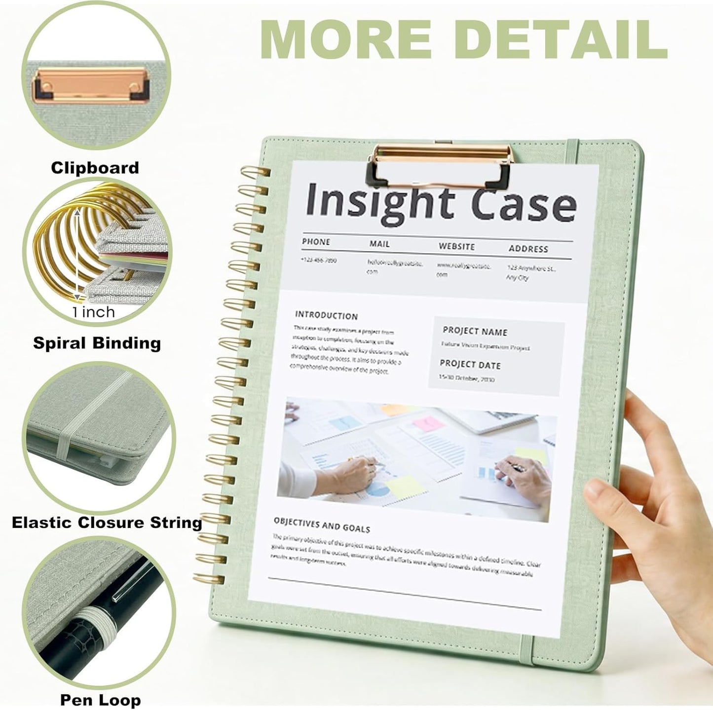 Grey Foldable Spiral Clipboard Folio with Storage Zipper Pouch, 5 Plastic Folders with Pockets,Refillable Lined Notepad (8.5" x 11"), Hardcover Project Organizer with 39 Stickers