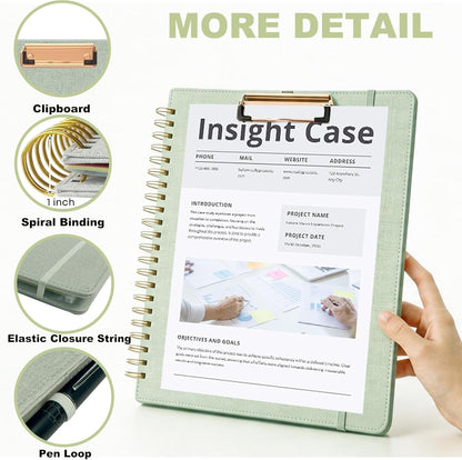 Grey Foldable Spiral Clipboard Folio with Storage Zipper Pouch, 5 Plastic Folders with Pockets,Refillable Lined Notepad (8.5" x 11"), Hardcover Project Organizer with 39 Stickers