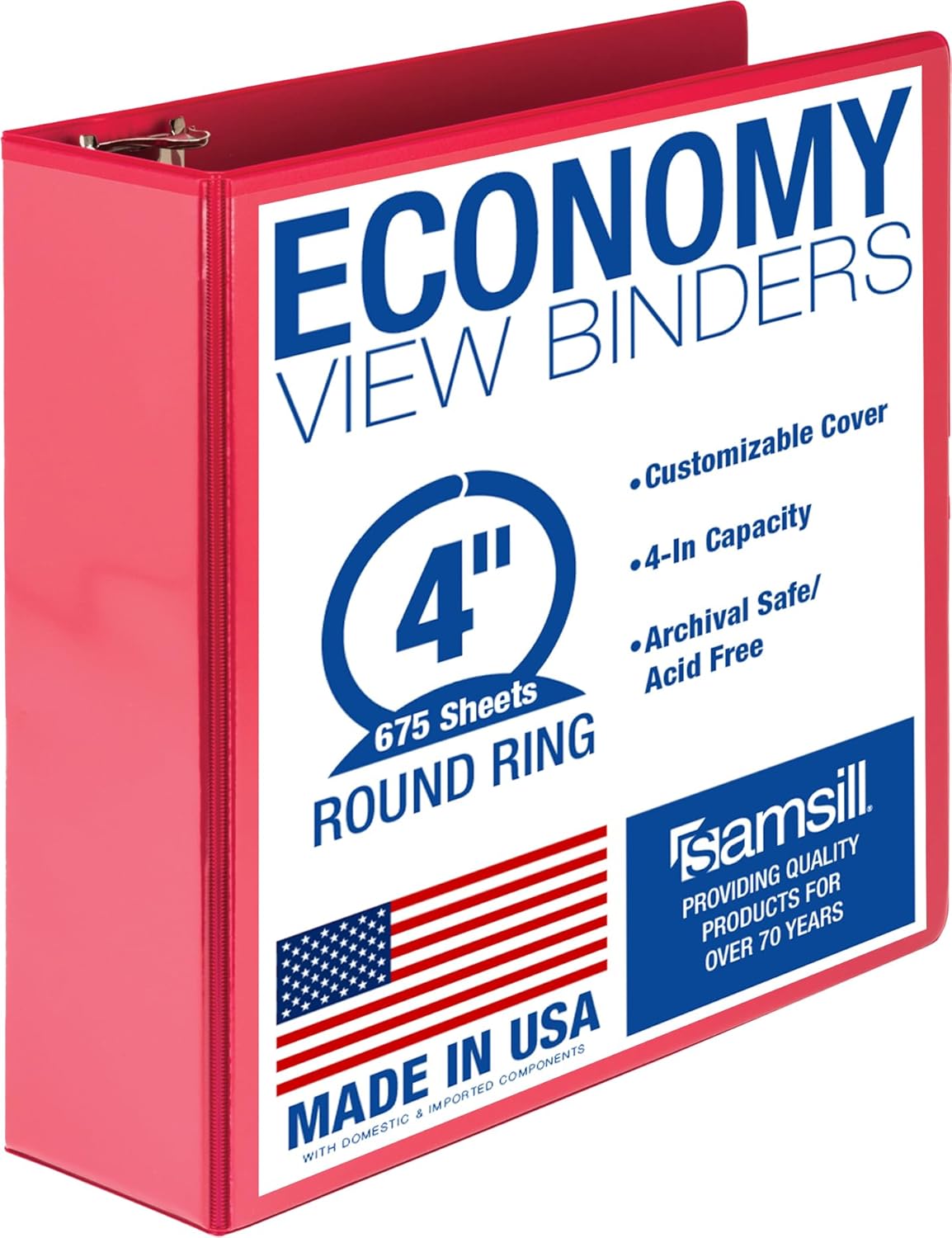 Samsill 4 Inch 3 Ring Binder, Economy Round Ring, Clear View Cover, 675 Sheet Capacity - for Schooo, Home, Office -Red