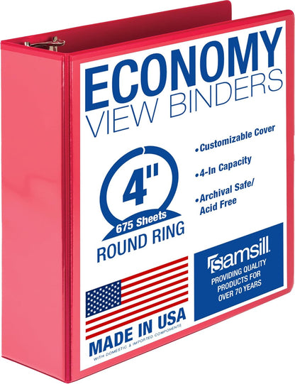 Samsill 4 Inch 3 Ring Binder, Economy Round Ring, Clear View Cover, 675 Sheet Capacity - for Schooo, Home, Office -Red