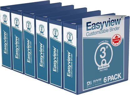 Easyview Premium 3-Ring Binders with Clear-View Covers and Round Rings, Binders for School or Office, 1 Inch, Pack of 6, Navy Blue