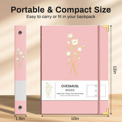 Aesthetic 3 Ring Binder 1 Inch Cute Three Round Rings Binders with Dividers Suitable for 8.5 x 11 Letter Size Paper Loose Leaf Binder with 2 Pockets for School Work