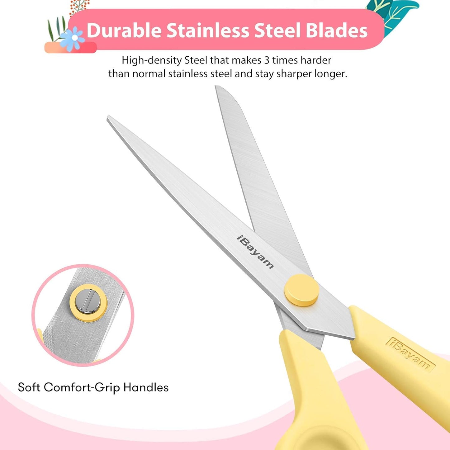 Scissors, iBayam 8" All Purpose Scissors Bulk 3-Pack, Ultra Sharp 2.5mm Thick Blade Shears Comfort-Grip for Aesthetic Fun Cute School Office Teacher Desk Crafts and Art Supplies Accessories Essential