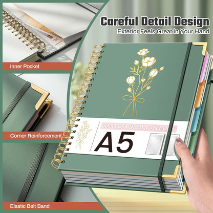 Hardcover Spiral Notebooks 8.5" X 11" Note Taking 5 Subject Notebook College Ruled with Dividers 240 Pages 100GSM Aesthetic Spiral Notebook for Work School Cute Journals for Women Writing