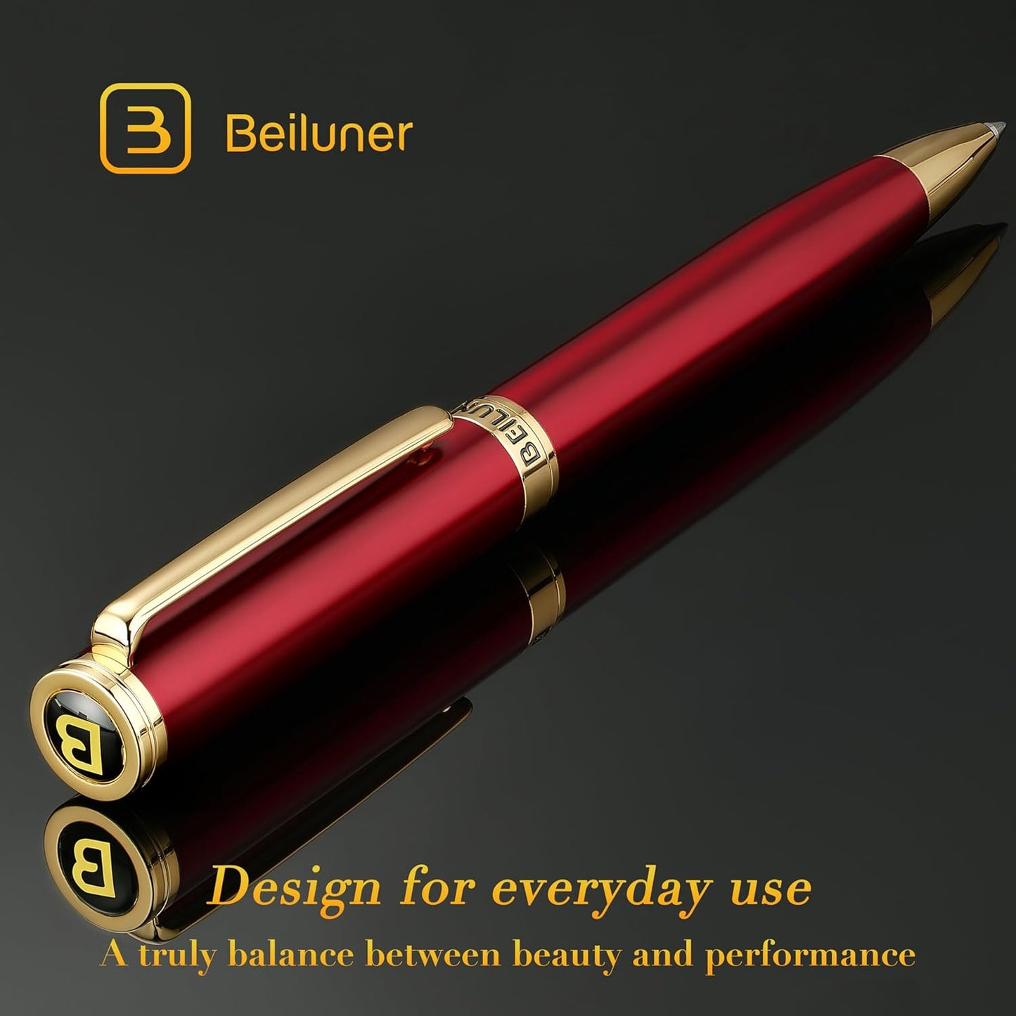 BEILUNER Luxury Gel Pen with 24K Gold Finish, Black Piano Lacquer, Luxury Grade Craftsmanship, Best Pen Gift Set for Men and Women, Professional, Executive, Office, Retractable Nice Pens