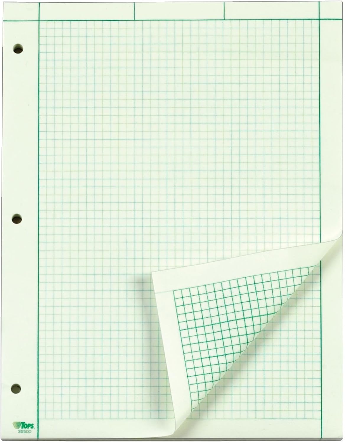 TOPS Engineering Computation Pad, 8-1/2" x 11", Glue Top, 5 x 5 Graph Rule on Back, Green Tint Paper, 3-Hole Punched, 100 Sheets (35500)