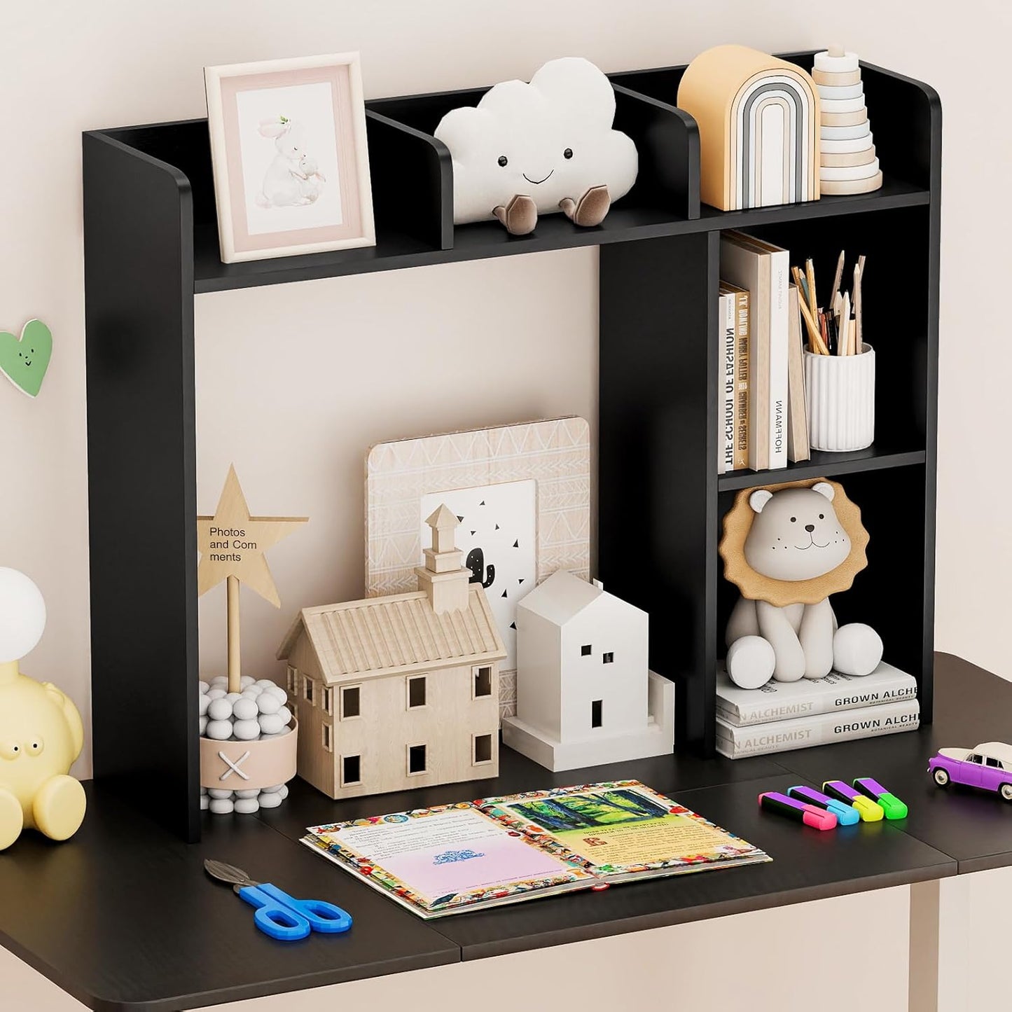Tangkula Desktop Bookshelf, Countertop Storage Hutch with 5 Shelves for Computer Desk, Desk 3-Tier Display Rack, Multipurpose Wood Desktop Hutch Storage Organizer for Dorm Office Home