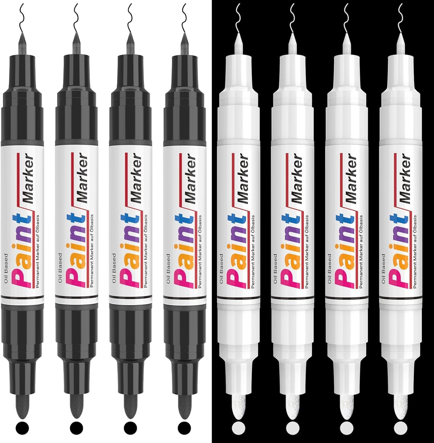 Dual Tip Paint Pens Paint Markers, 4 White & 4 Black Oil Based Permanent Markers - 0.7mm Extra Fine Tip, Waterproof, Quick-drying, Good Coverage for Rock, Metal, Tire, Plastic, Wood, Glass, Fabric