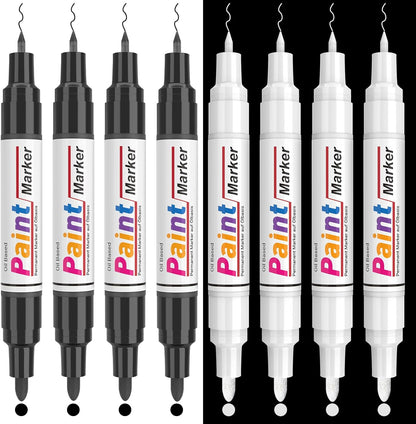 Dual Tip Paint Pens Paint Markers, 4 White & 4 Black Oil Based Permanent Markers - 0.7mm Extra Fine Tip, Waterproof, Quick-drying, Good Coverage for Rock, Metal, Tire, Plastic, Wood, Glass, Fabric
