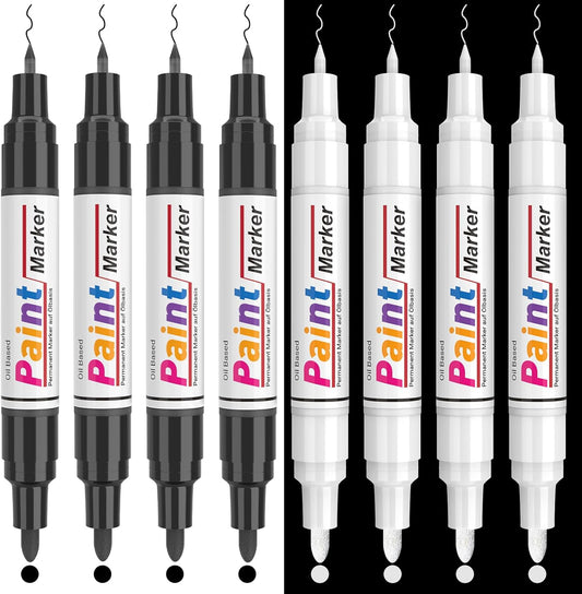 Dual Tip Paint Pens Paint Markers, 4 White & 4 Black Oil Based Permanent Markers - 0.7mm Extra Fine Tip, Waterproof, Quick-drying, Good Coverage for Rock, Metal, Tire, Plastic, Wood, Glass, Fabric
