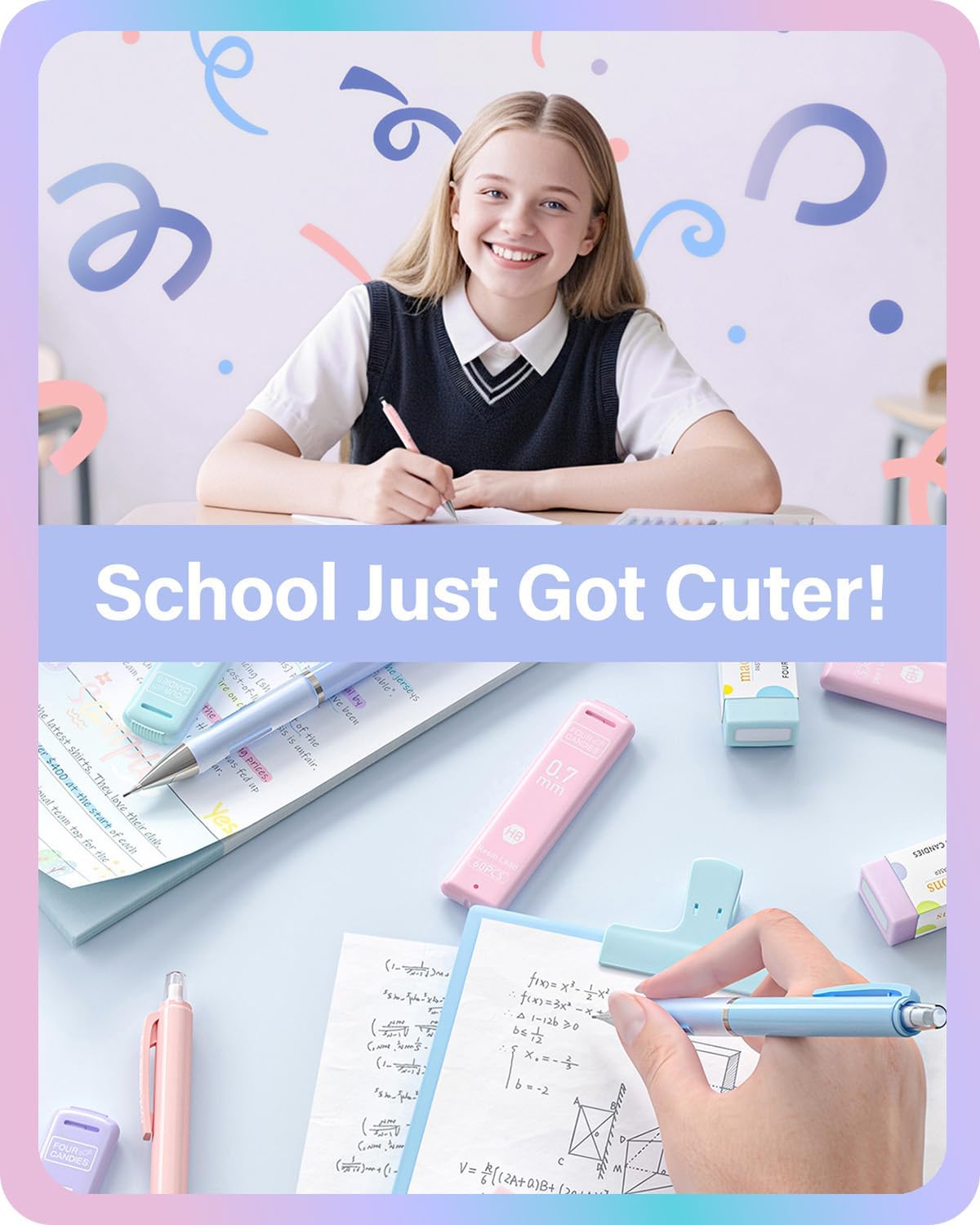 Four Candies Cute Mechanical Pencils 0.7mm, Pencil Set with 360PCS Lead Refills & Pastel Erasers, School Supplies with Case