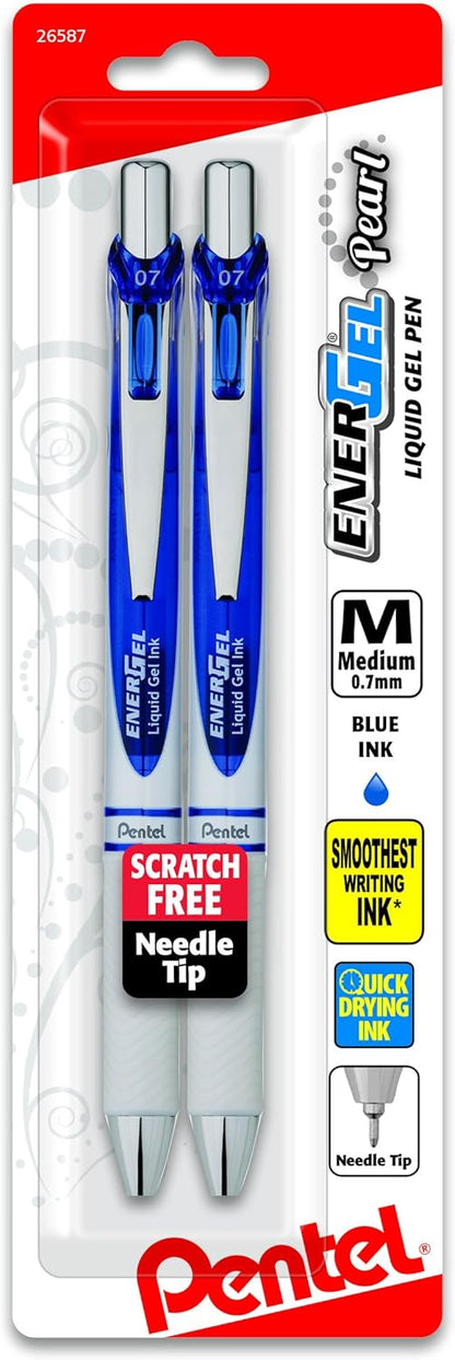 Pentel EnerGel Pearl RTX Retractable Liquid Gel Pen, (0.7mm), Medium Line, Needle Tip, Black Ink, Pack of 2 (BLN77WBP2A)