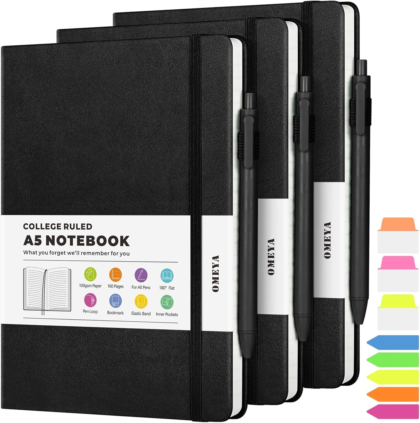 Lined Journal Notebook, 3 Pack A5 College Ruled Notebooks for Work, Hardcover Notebook Each with 2 Pockets & Pen, Leather Journal for Women, Men, 160 Pages, 100GSM Thick Paper (Black, Brown, Grey)