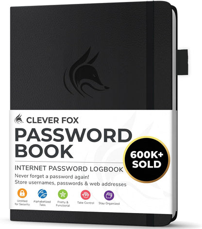 Clever Fox Password Book with alphabetical tabs. Internet Address Organizer Logbook. Small Pocket Password Keeper for Website Logins (Orange)