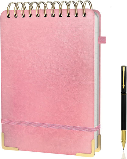 A5 Top Spiral Notebook, Large Leather Hardcover Top Bound Steno Pads, 240 Pages 100 gsm Thick Lined Paper Left Handed Notebook Journal for Work, School, Meeting Writing - Brown, 5.9" x 8.5"