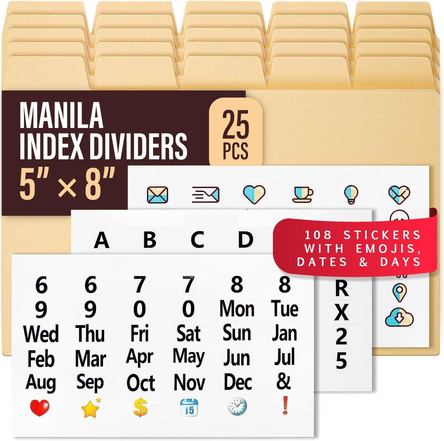 25 Heavyweight Manila Index Card Box Dividers - 3x5 with Tabs & 108 Stickers, Monthly & Recipe Guides, Greeting Card Dividers