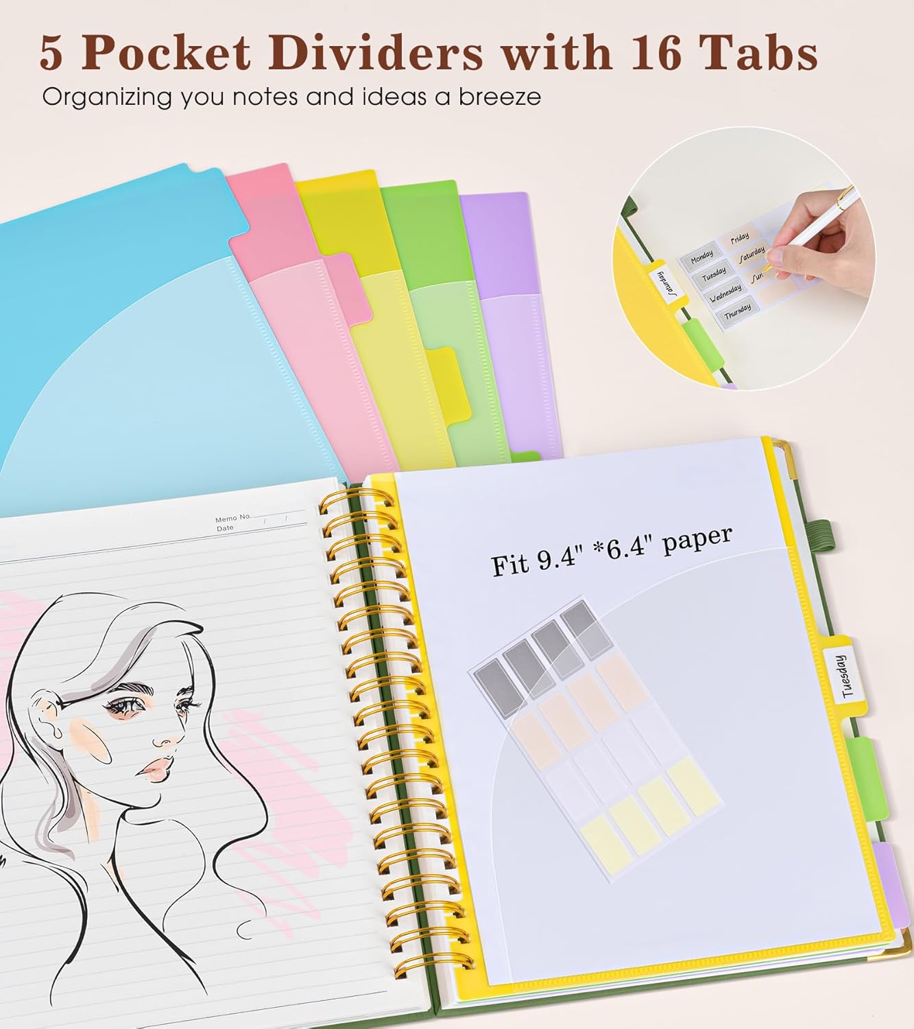 Hardcover Large Spiral Notebook 8.5" x 11" with Removable Dividers Tabs, 300 pages Leather 5 Subject Notebook College Ruled, A4 Journal for Women Men, Notebooks for Work School Note taking,Black