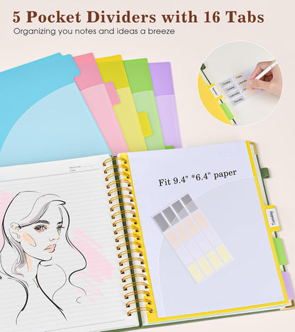 Hardcover Large Spiral Notebook 8.5" x 11" with Removable Dividers Tabs, 300 pages Leather 5 Subject Notebook College Ruled, A4 Journal for Women Men, Notebooks for Work School Note taking,Black