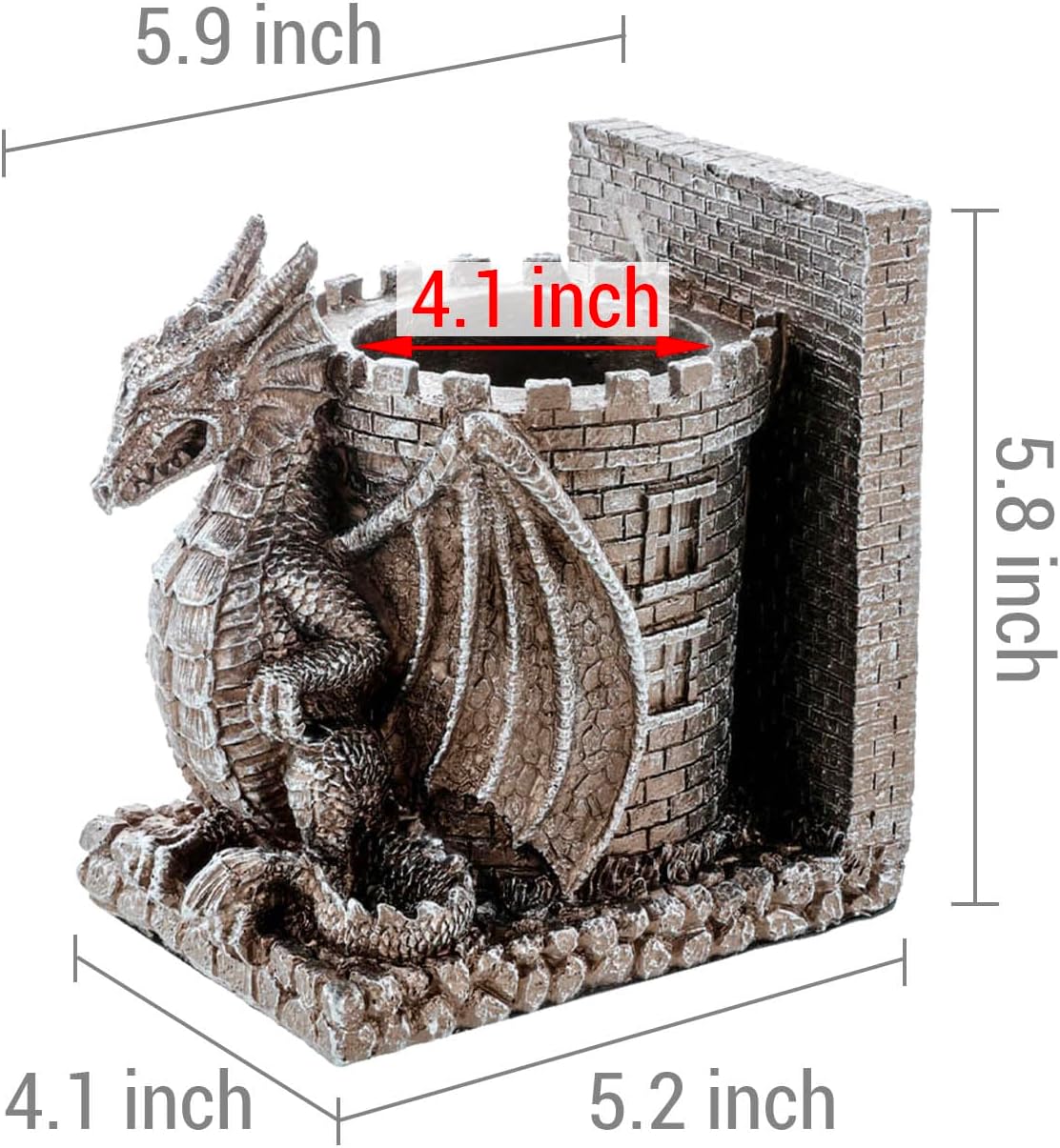 Bookends Dragon, Gothic Black Resin Dragon Guarding Castle Pencil Cup Bookends, Office Desk Book Ends with Decorative Fantasy Dragons and Stone Tower Pen Holders, 1 Pair