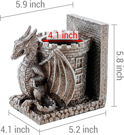 Bookends Dragon, Gothic Black Resin Dragon Guarding Castle Pencil Cup Bookends, Office Desk Book Ends with Decorative Fantasy Dragons and Stone Tower Pen Holders, 1 Pair