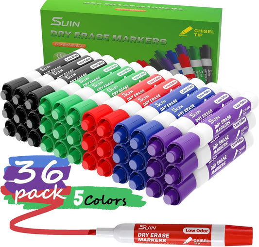 SUIN Dry Erase Markers, Chisel Tip Whiteboard Markers for Classroom and Office, Broad & Fine Lines, Wipe Clean & Ghost-Free, Works on Glass and Laminated Sleeves, Assorted 12 Colors, 36 Count