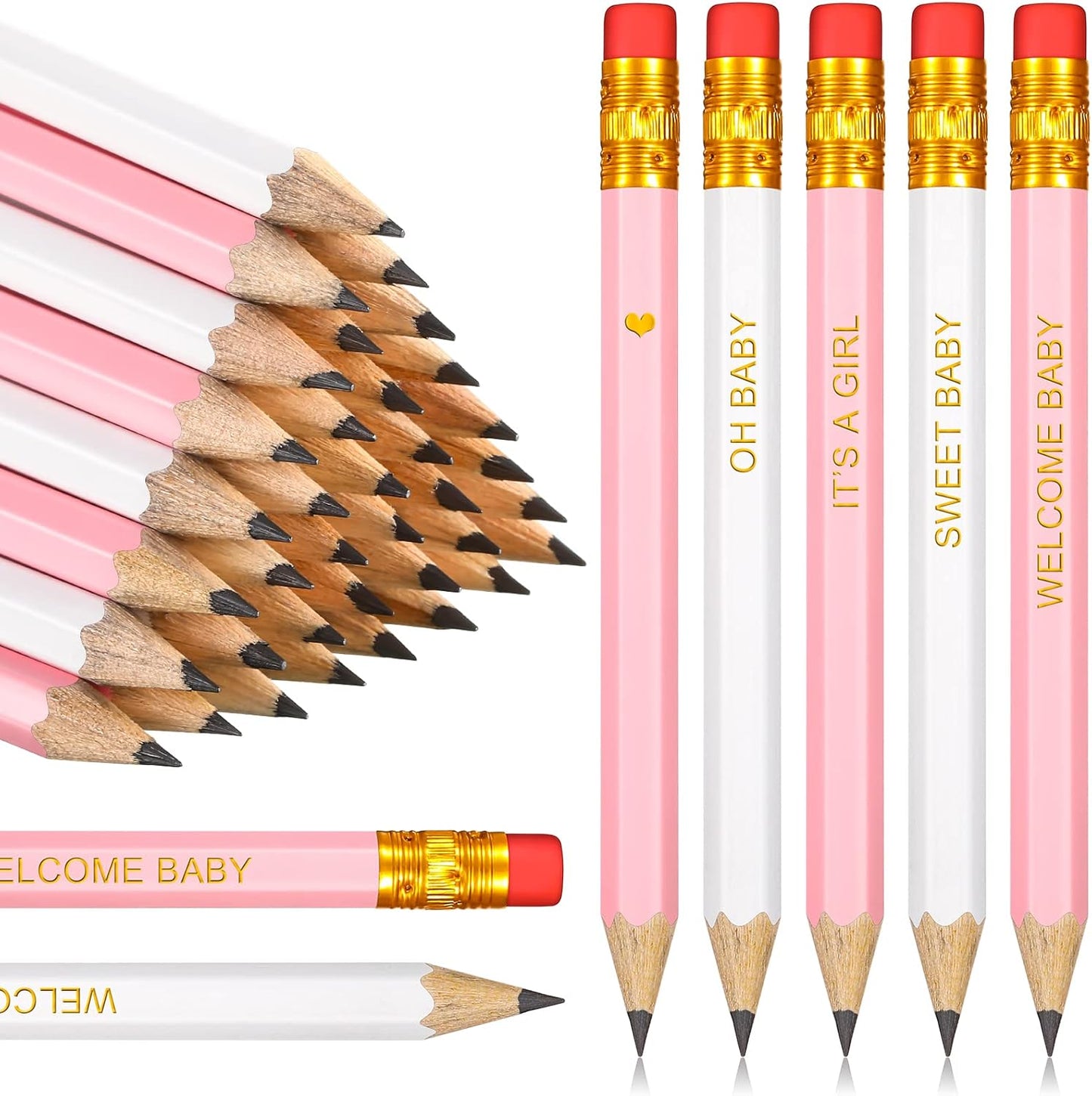Crtiin 50 Pieces Baby Shower Pencils for Activities Mini Golf Half Pencils, Presharpened with Erasers, 4 Inch(Wood Color,Simple Style)