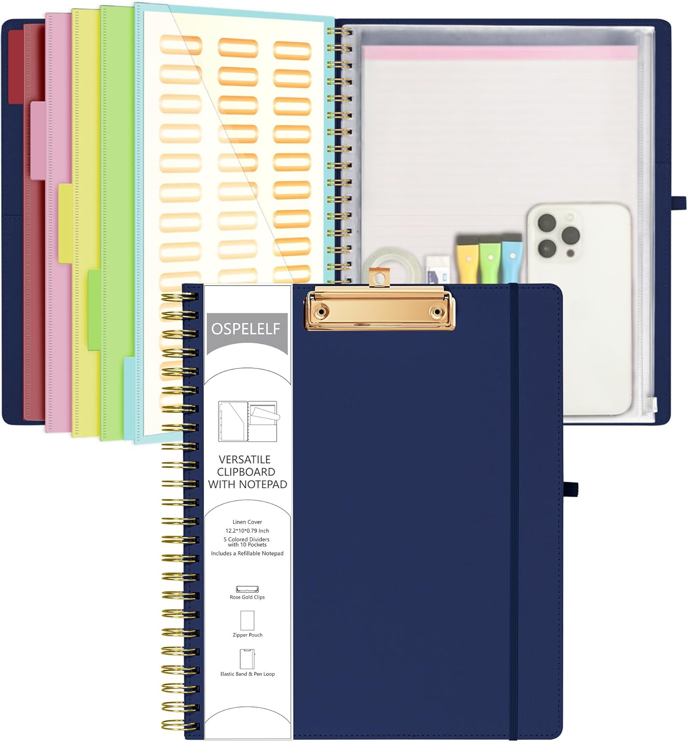 Ospelelf Foldable Spiral Clipboard Folio with Storage Zipper Pouch, 5 Plastic Folders with 10 Pockets,Refillable Lined Notepad (11" x 8.5"), Hardcover Project Organizer with 39 Stickers (Purple)