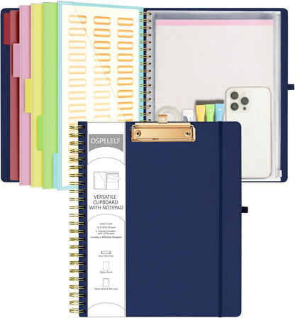 Ospelelf Foldable Spiral Clipboard Folio with Storage Zipper Pouch, 5 Plastic Folders with 10 Pockets,Refillable Lined Notepad (11" x 8.5"), Hardcover Project Organizer with 39 Stickers (Purple)