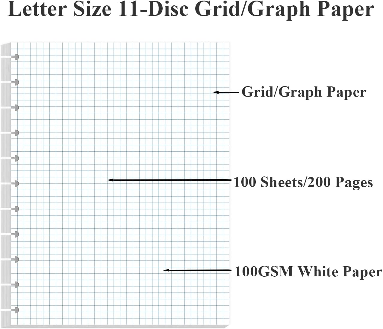 A4 TUL Discbound Grid Filler Paper - 11 Disc Graph Paper, Letter Size 100Sheets / 200Pages Loose-Leaf Paper, 100gsm White Paper, 8.5'' x 11''