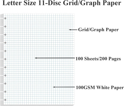 A4 TUL Discbound Grid Filler Paper - 11 Disc Graph Paper, Letter Size 100Sheets / 200Pages Loose-Leaf Paper, 100gsm White Paper, 8.5'' x 11''