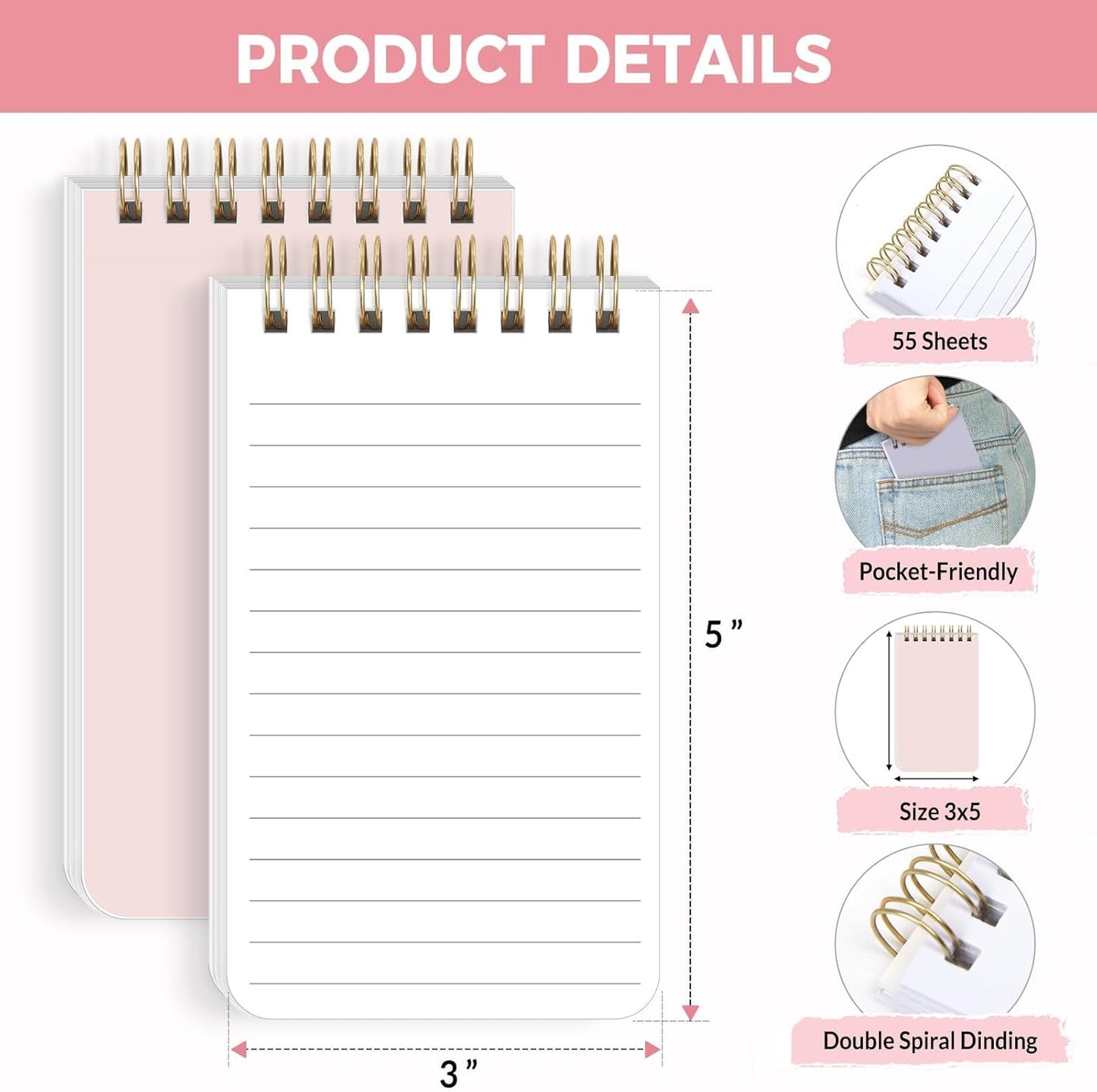 SKYDUE Small Notebooks, 3x5 Pocket Notepads with Aesthetic Covers, Mini Spiral Notebook with Lined Pages for Work Nursing School Essentials, Set Of 8